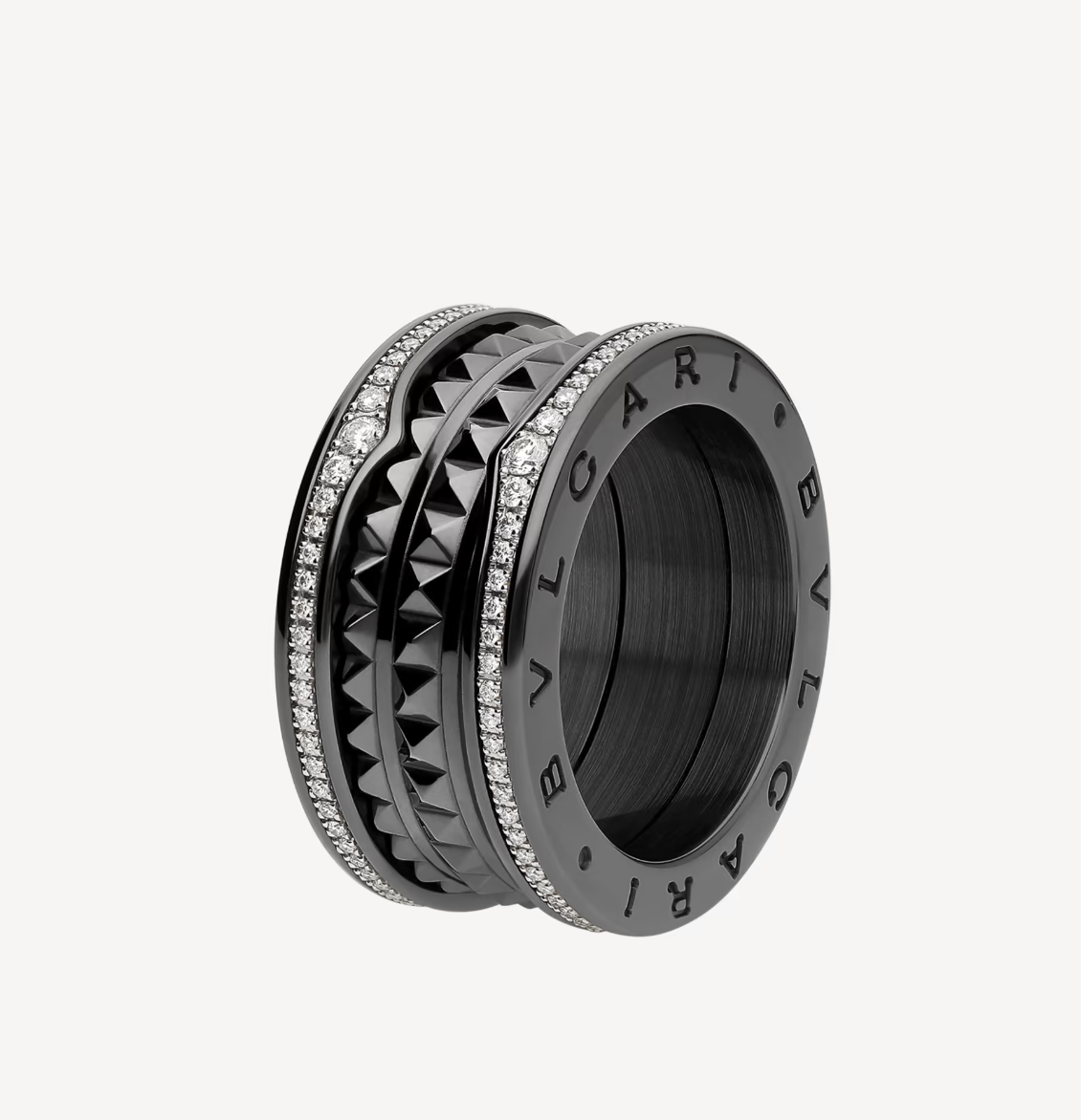 [Lume Jewelry]ZERO 1 ROCK FOUR-BAND BLACK CERAMIC WITH STUDDED SPIRAL AND PAVED DIAMONDS RING