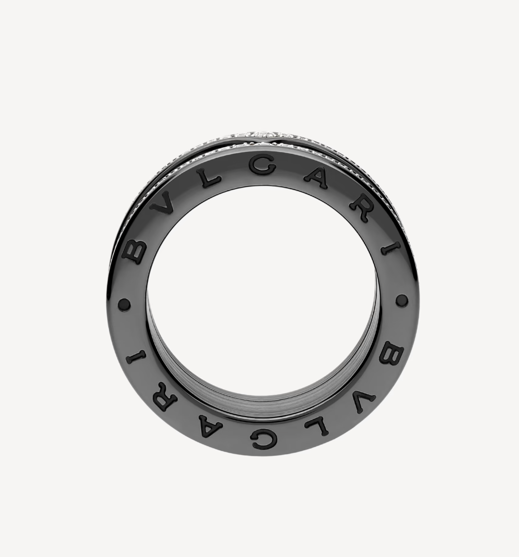 [Lume Jewelry]ZERO 1 ROCK FOUR-BAND BLACK CERAMIC WITH STUDDED SPIRAL AND PAVED DIAMONDS RING