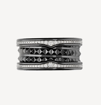 [Lume Jewelry]ZERO 1 ROCK FOUR-BAND BLACK CERAMIC WITH STUDDED SPIRAL AND PAVED DIAMONDS RING