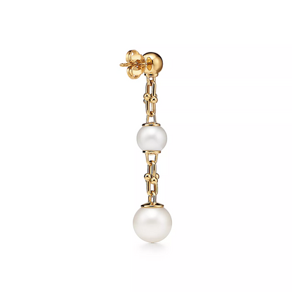 [Lume Jewelry]TRIPLE DROP LINK EARRINGS GOLD WITH FRESHWATER PEARLS