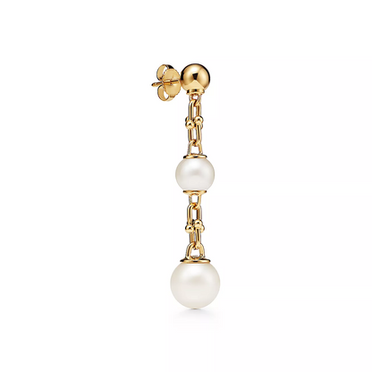 [Lume Jewelry]TRIPLE DROP LINK EARRINGS GOLD WITH FRESHWATER PEARLS