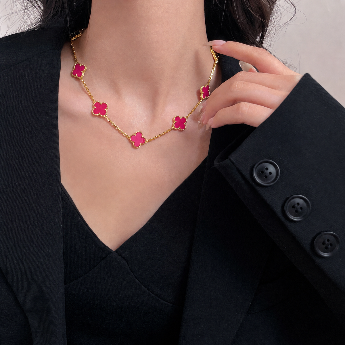 [Lume Jewelry]NEW CLOVER 10 MOTIFS PINK ENAMEL NECKLACE