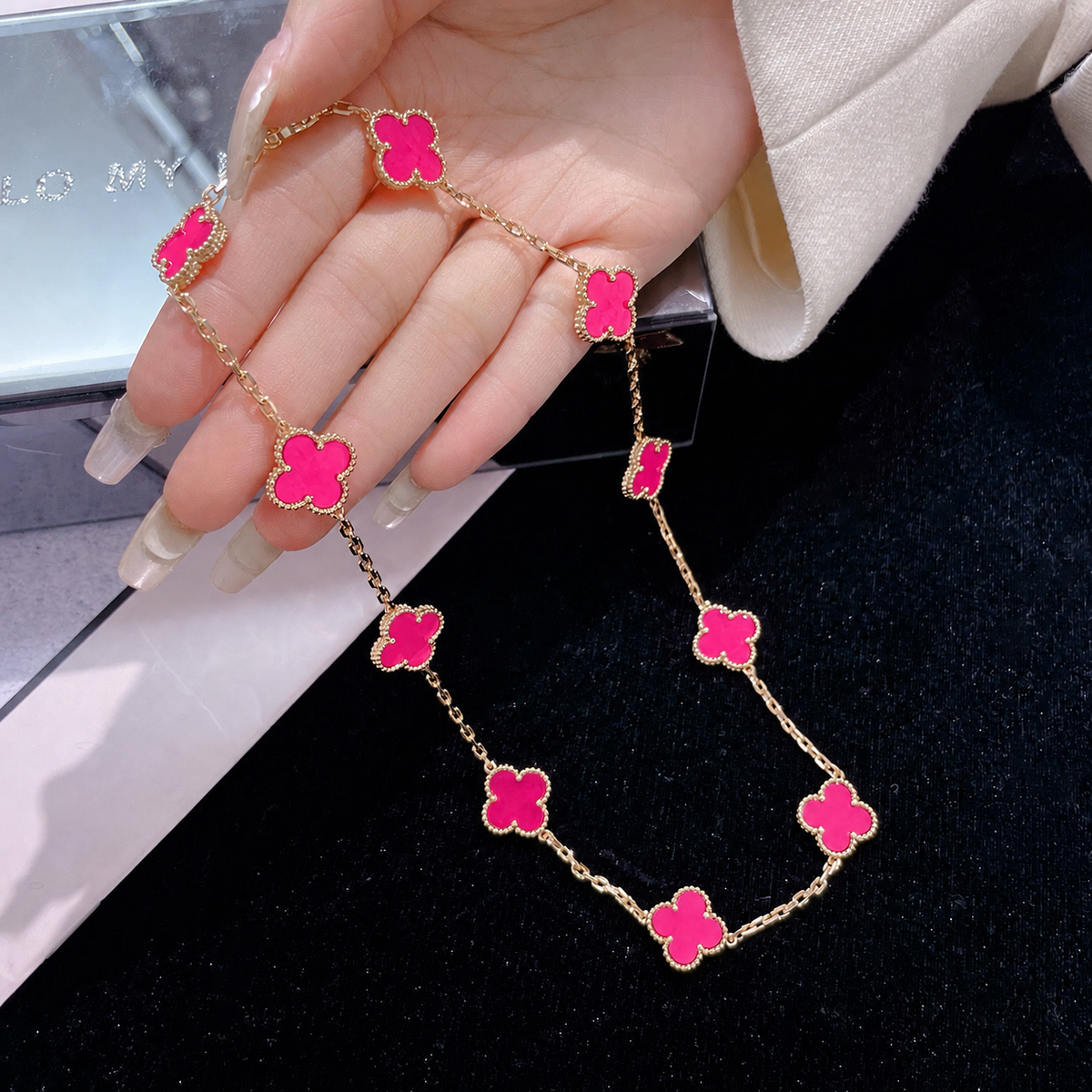 [Lume Jewelry]NEW CLOVER 10 MOTIFS PINK ENAMEL NECKLACE