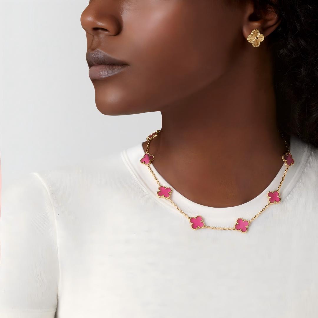 [Lume Jewelry]NEW CLOVER 10 MOTIFS PINK ENAMEL NECKLACE