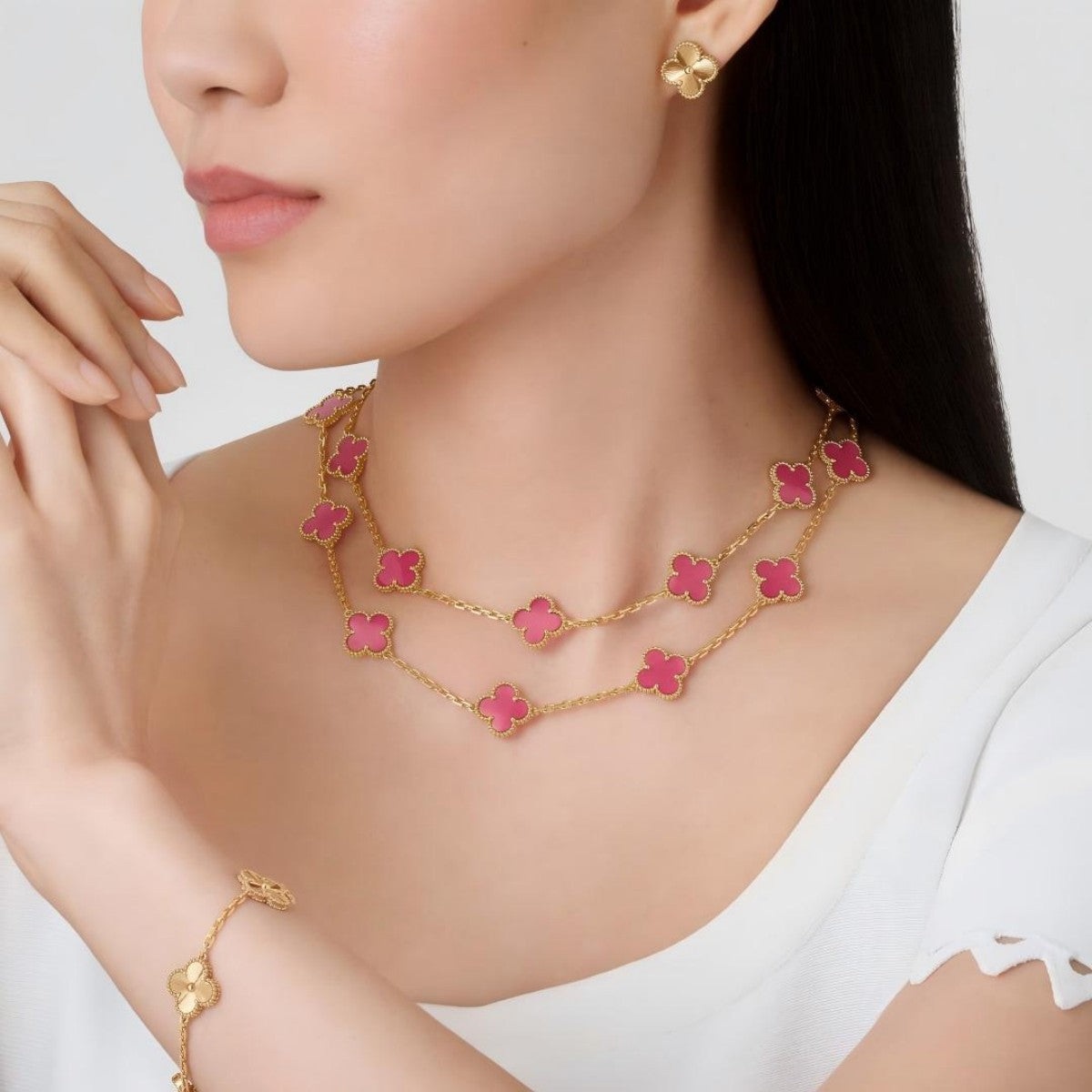[Lume Jewelry] NEW CLOVER 20 MOTIFS PINK ENAMEL NECKLACE