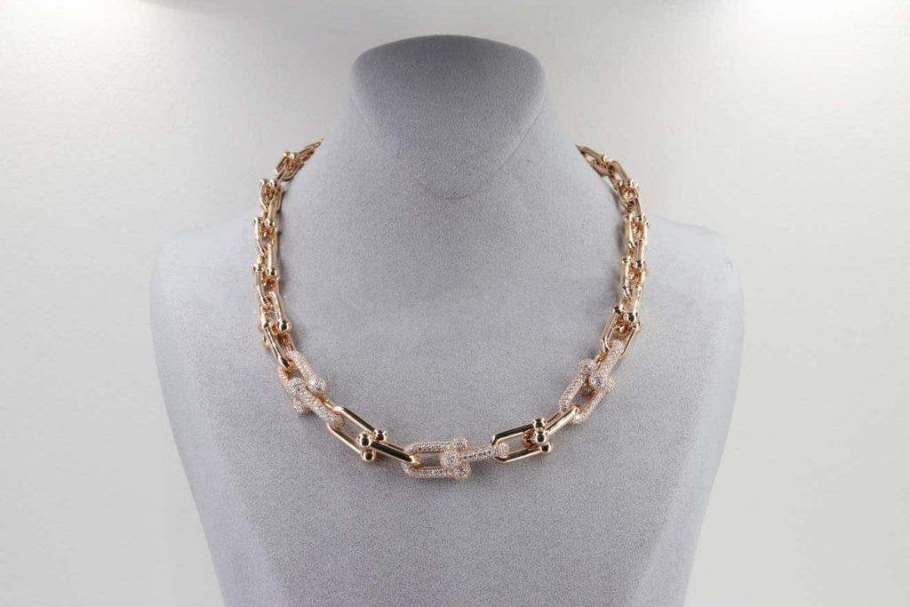[Lume Jewelry]HARDWEAR GRADUATED LINK NECKLACE ROSE GOLD WITH PAVE DIAMONDS